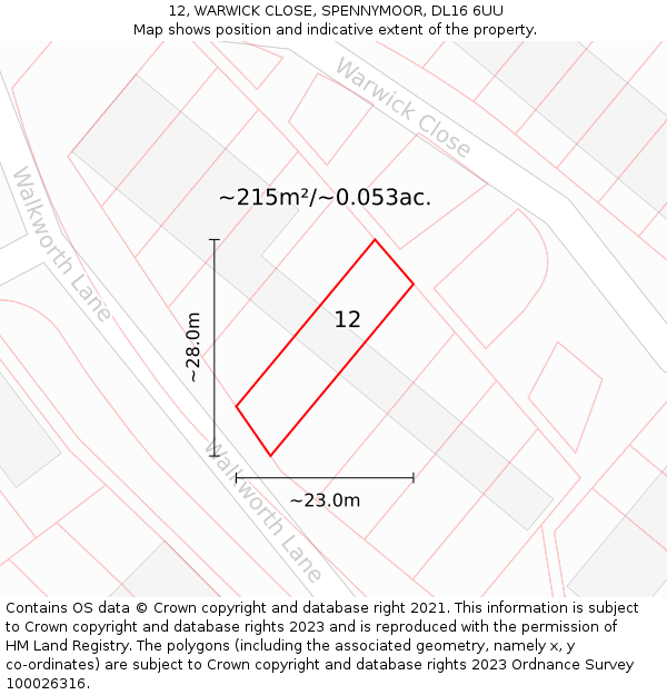 12, WARWICK CLOSE, SPENNYMOOR, DL16 6UU: Plot and title map