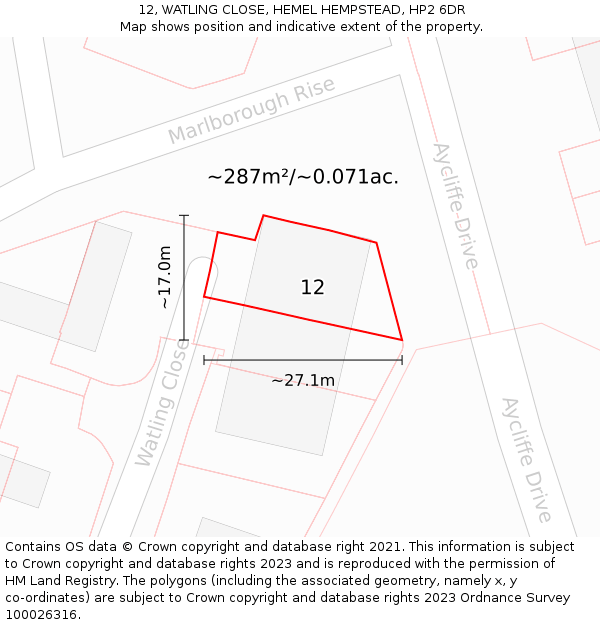 12, WATLING CLOSE, HEMEL HEMPSTEAD, HP2 6DR: Plot and title map