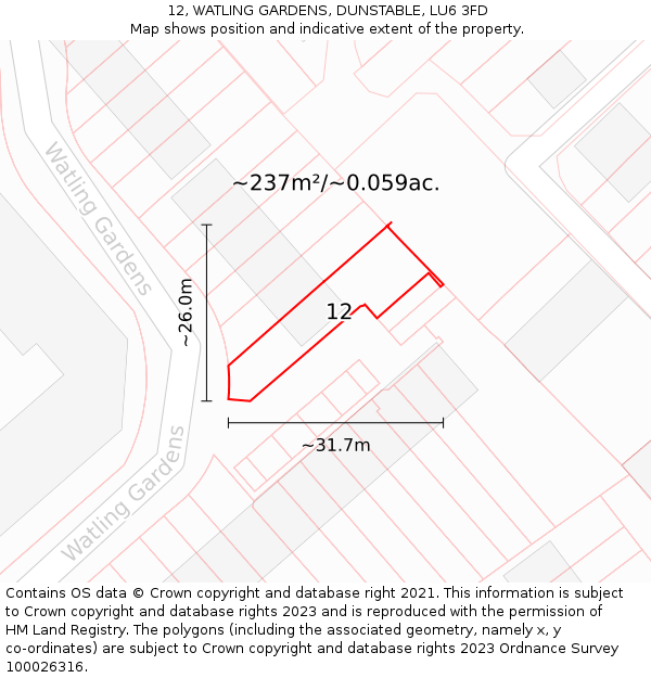 12, WATLING GARDENS, DUNSTABLE, LU6 3FD: Plot and title map