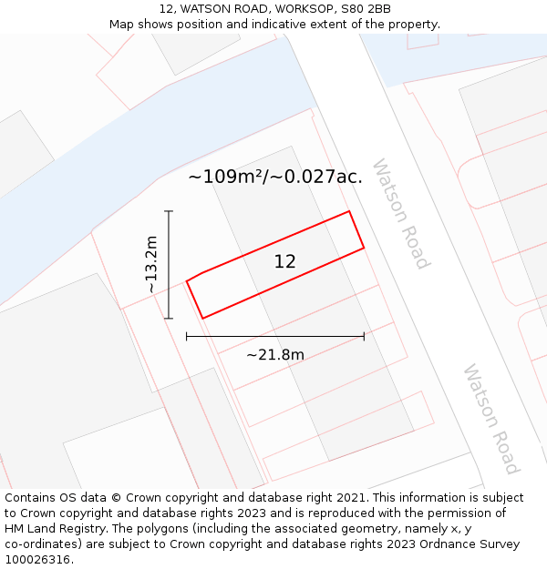 12, WATSON ROAD, WORKSOP, S80 2BB: Plot and title map