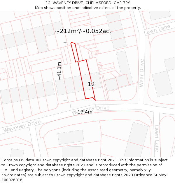 12, WAVENEY DRIVE, CHELMSFORD, CM1 7PY: Plot and title map