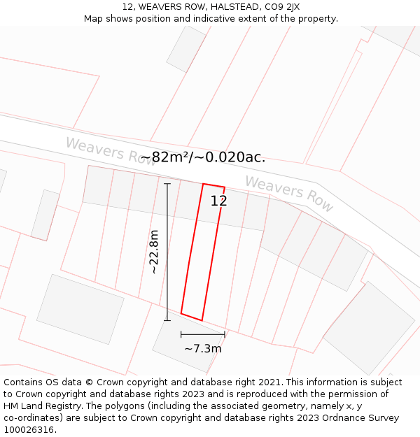 12, WEAVERS ROW, HALSTEAD, CO9 2JX: Plot and title map