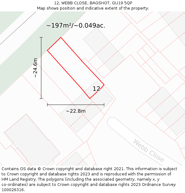 12, WEBB CLOSE, BAGSHOT, GU19 5QP: Plot and title map