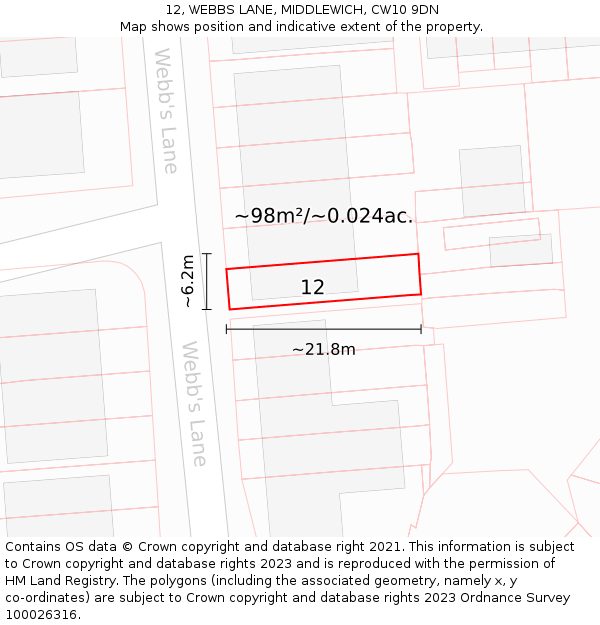 12, WEBBS LANE, MIDDLEWICH, CW10 9DN: Plot and title map