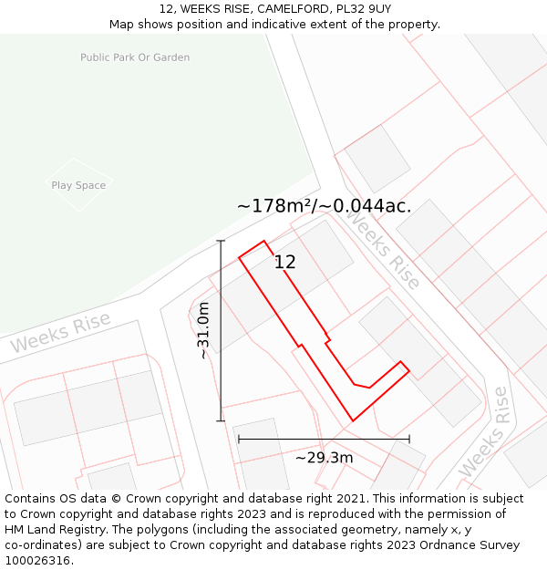 12, WEEKS RISE, CAMELFORD, PL32 9UY: Plot and title map