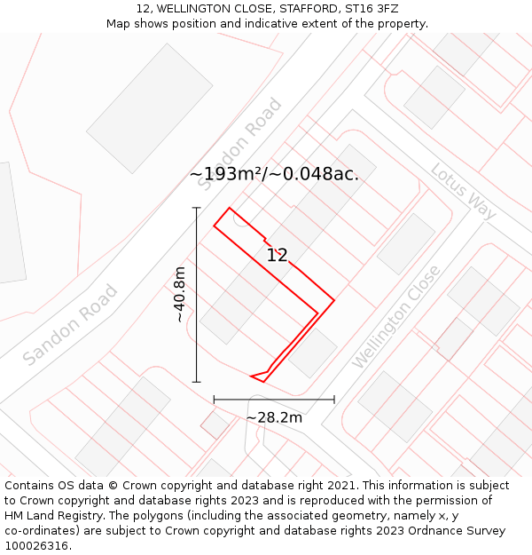 12, WELLINGTON CLOSE, STAFFORD, ST16 3FZ: Plot and title map