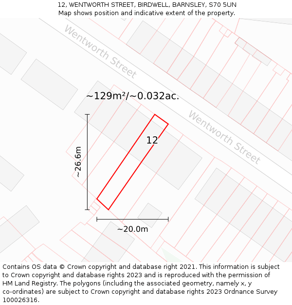 12, WENTWORTH STREET, BIRDWELL, BARNSLEY, S70 5UN: Plot and title map