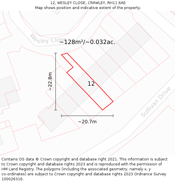 12, WESLEY CLOSE, CRAWLEY, RH11 6AE: Plot and title map
