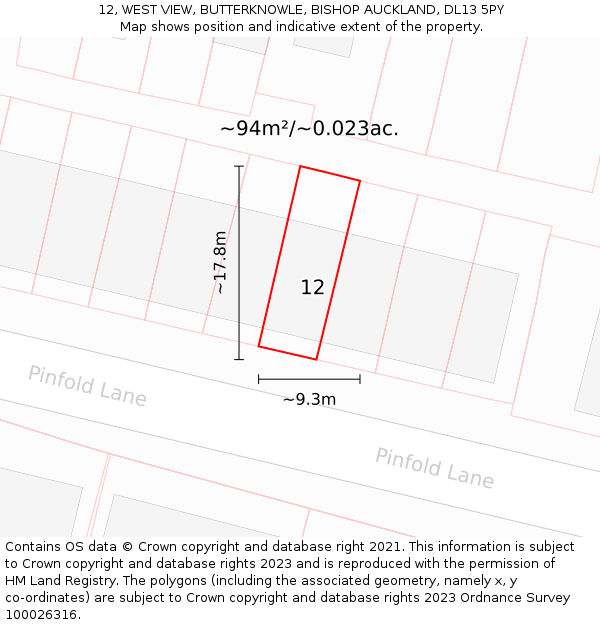 12, WEST VIEW, BUTTERKNOWLE, BISHOP AUCKLAND, DL13 5PY: Plot and title map