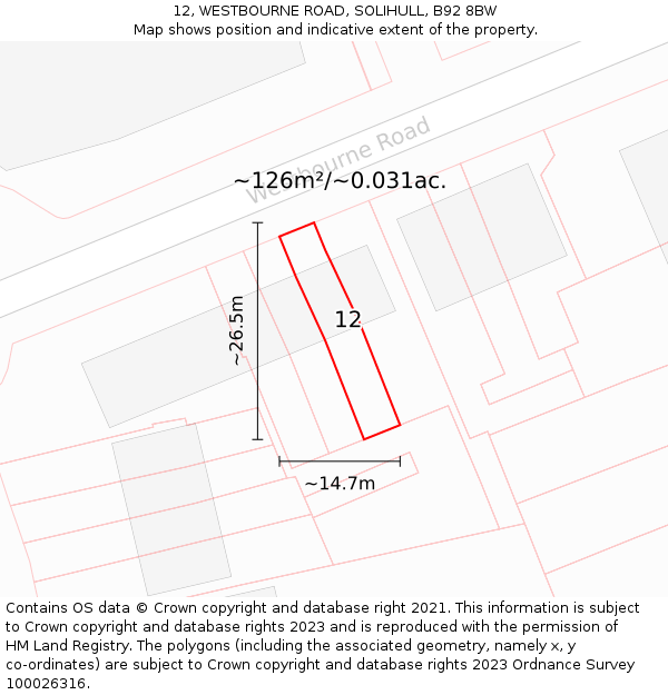 12, WESTBOURNE ROAD, SOLIHULL, B92 8BW: Plot and title map