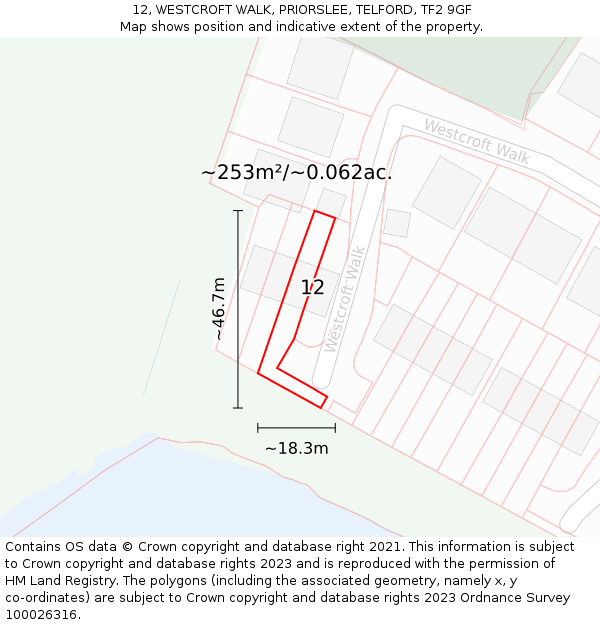 12, WESTCROFT WALK, PRIORSLEE, TELFORD, TF2 9GF: Plot and title map