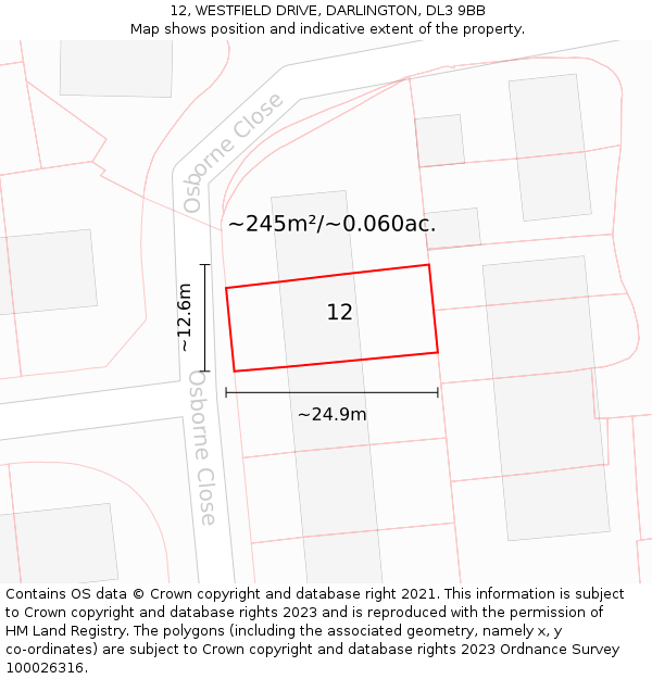 12, WESTFIELD DRIVE, DARLINGTON, DL3 9BB: Plot and title map