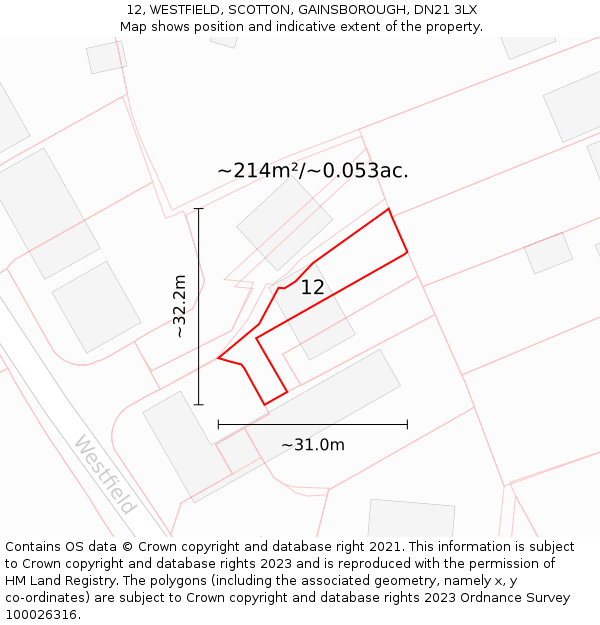 12, WESTFIELD, SCOTTON, GAINSBOROUGH, DN21 3LX: Plot and title map