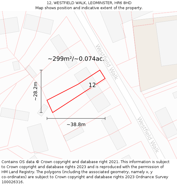 12, WESTFIELD WALK, LEOMINSTER, HR6 8HD: Plot and title map