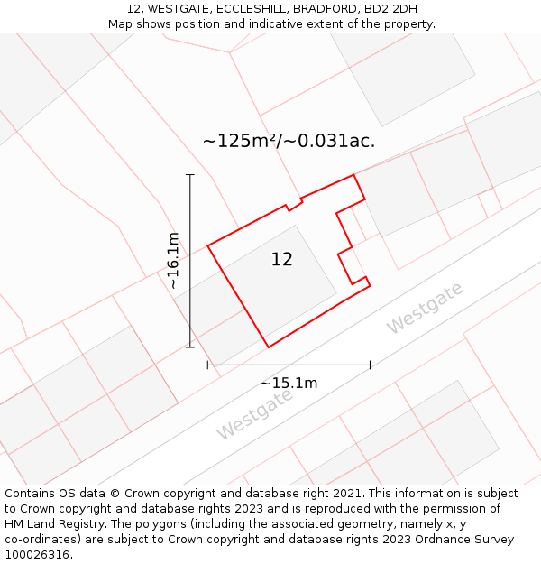 12, WESTGATE, ECCLESHILL, BRADFORD, BD2 2DH: Plot and title map