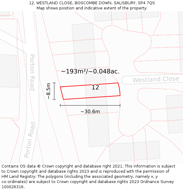 12, WESTLAND CLOSE, BOSCOMBE DOWN, SALISBURY, SP4 7QS: Plot and title map