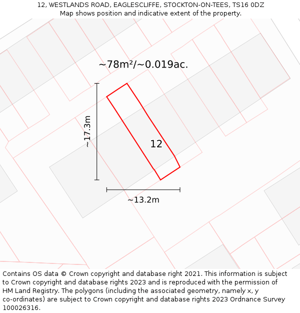 12, WESTLANDS ROAD, EAGLESCLIFFE, STOCKTON-ON-TEES, TS16 0DZ: Plot and title map