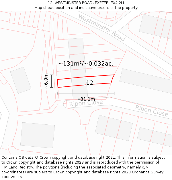 12, WESTMINSTER ROAD, EXETER, EX4 2LL: Plot and title map