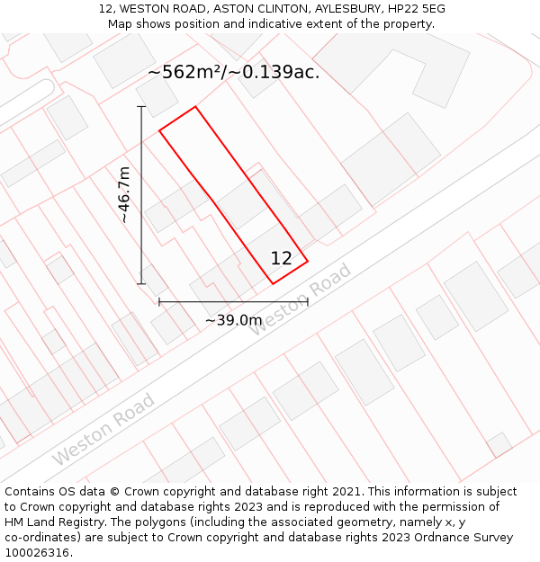 12, WESTON ROAD, ASTON CLINTON, AYLESBURY, HP22 5EG: Plot and title map