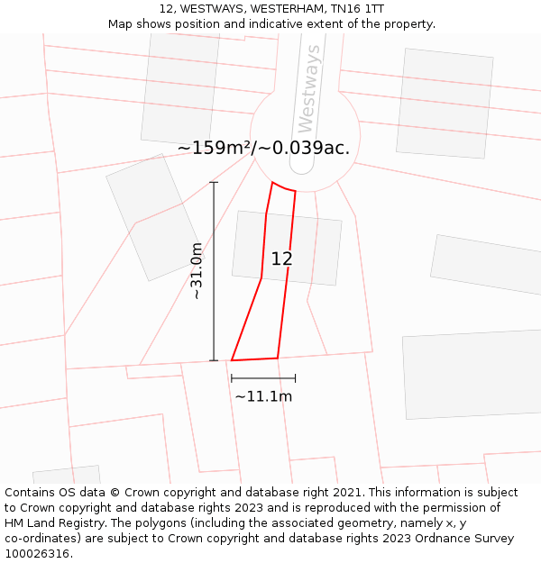 12, WESTWAYS, WESTERHAM, TN16 1TT: Plot and title map