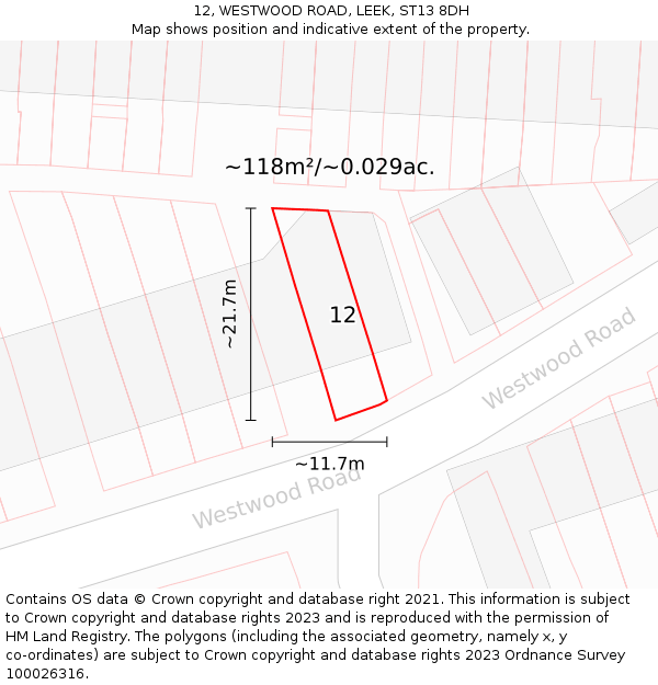 12, WESTWOOD ROAD, LEEK, ST13 8DH: Plot and title map