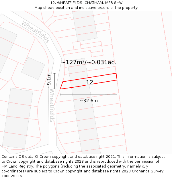 12, WHEATFIELDS, CHATHAM, ME5 8HW: Plot and title map