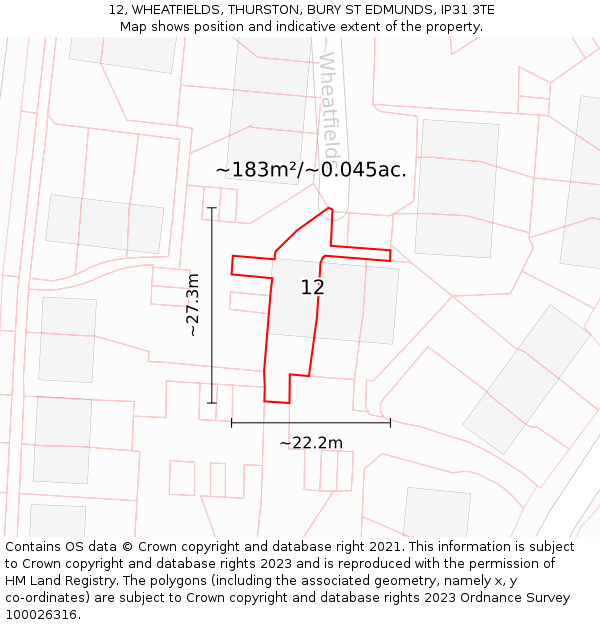 12, WHEATFIELDS, THURSTON, BURY ST EDMUNDS, IP31 3TE: Plot and title map