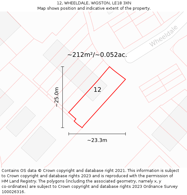12, WHEELDALE, WIGSTON, LE18 3XN: Plot and title map