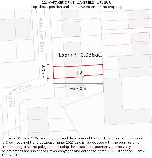 12, WHITAKER DRIVE, WAKEFIELD, WF1 2UR: Plot and title map