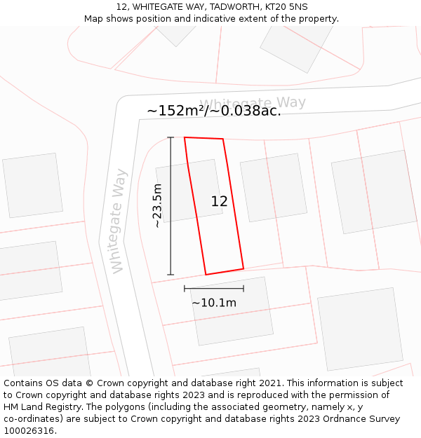 12, WHITEGATE WAY, TADWORTH, KT20 5NS: Plot and title map
