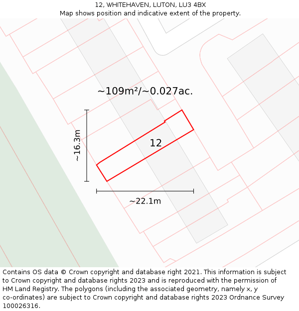12, WHITEHAVEN, LUTON, LU3 4BX: Plot and title map