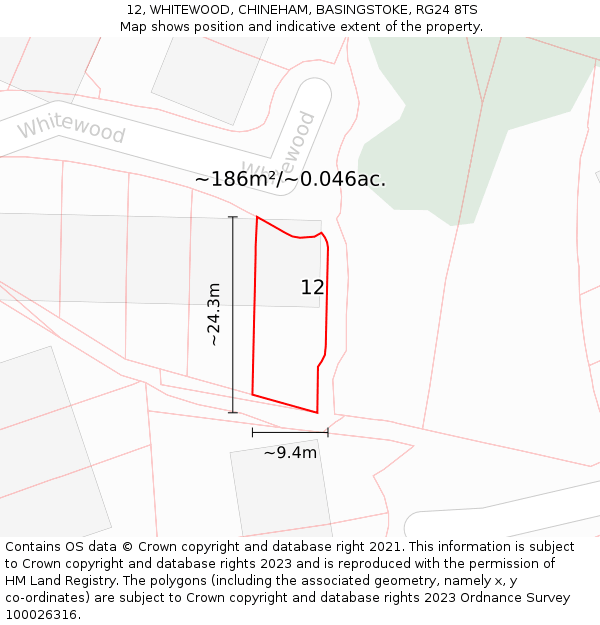 12, WHITEWOOD, CHINEHAM, BASINGSTOKE, RG24 8TS: Plot and title map