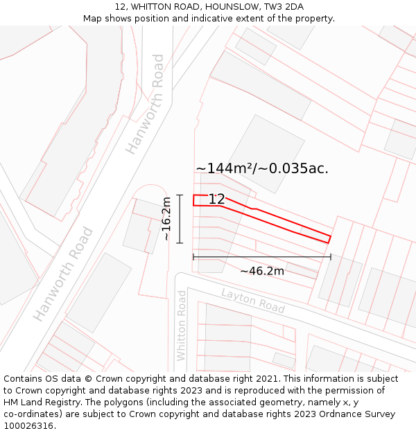 12, WHITTON ROAD, HOUNSLOW, TW3 2DA: Plot and title map