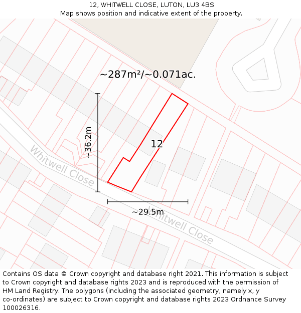12, WHITWELL CLOSE, LUTON, LU3 4BS: Plot and title map