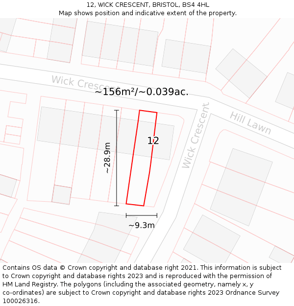 12, WICK CRESCENT, BRISTOL, BS4 4HL: Plot and title map