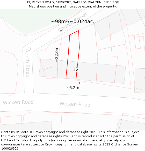 12, WICKEN ROAD, NEWPORT, SAFFRON WALDEN, CB11 3QG: Plot and title map