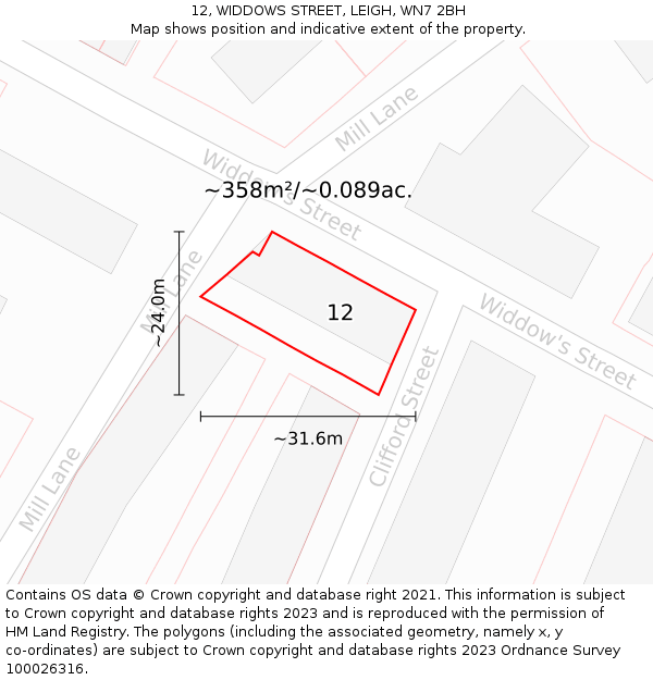 12, WIDDOWS STREET, LEIGH, WN7 2BH: Plot and title map