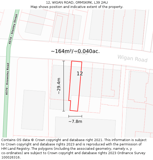 12, WIGAN ROAD, ORMSKIRK, L39 2AU: Plot and title map