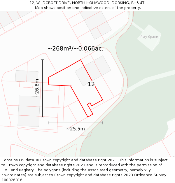 12, WILDCROFT DRIVE, NORTH HOLMWOOD, DORKING, RH5 4TL: Plot and title map
