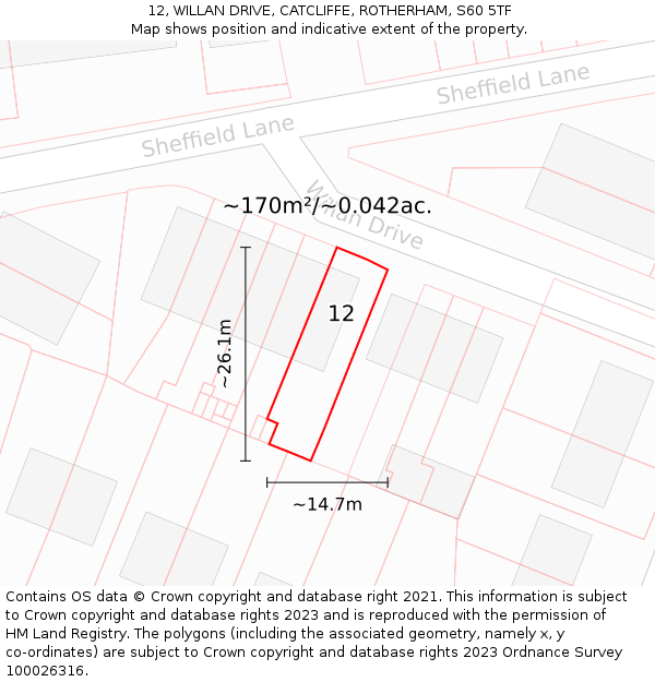 12, WILLAN DRIVE, CATCLIFFE, ROTHERHAM, S60 5TF: Plot and title map