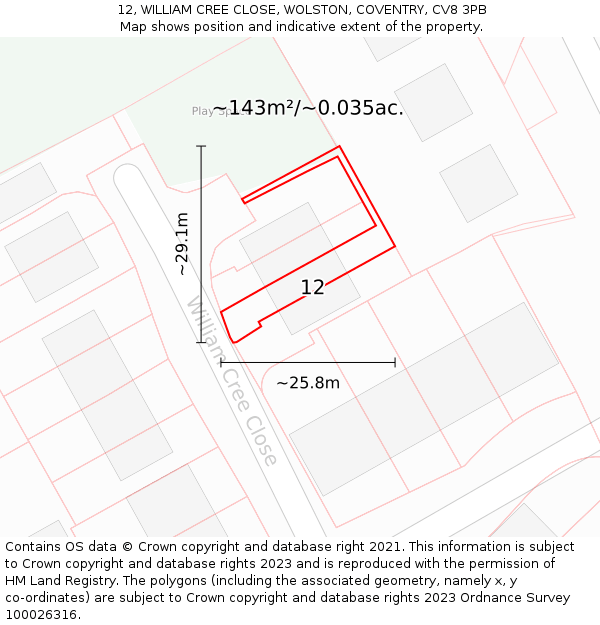 12, WILLIAM CREE CLOSE, WOLSTON, COVENTRY, CV8 3PB: Plot and title map