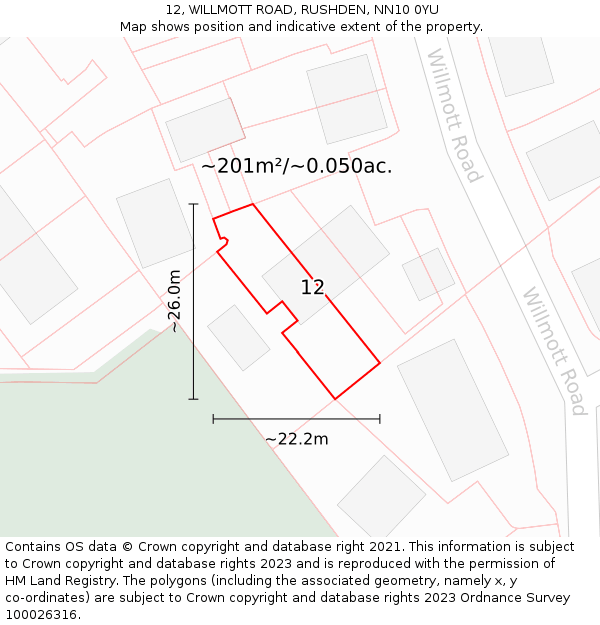 12, WILLMOTT ROAD, RUSHDEN, NN10 0YU: Plot and title map