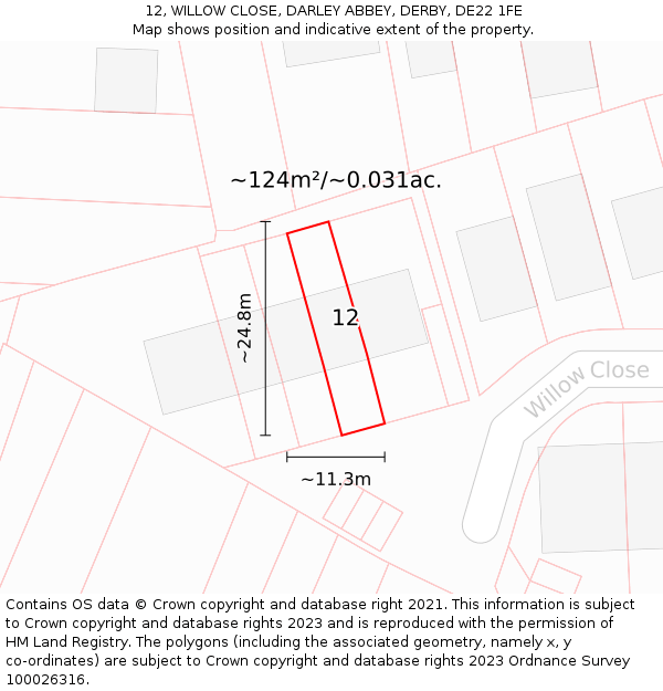 12, WILLOW CLOSE, DARLEY ABBEY, DERBY, DE22 1FE: Plot and title map