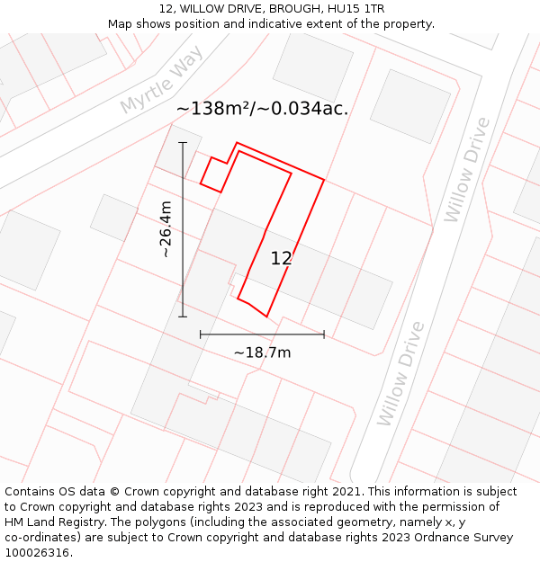 12, WILLOW DRIVE, BROUGH, HU15 1TR: Plot and title map
