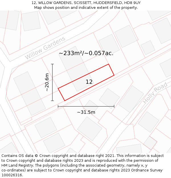 12, WILLOW GARDENS, SCISSETT, HUDDERSFIELD, HD8 9UY: Plot and title map