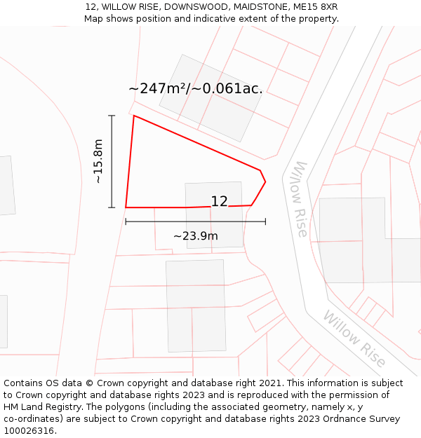 12, WILLOW RISE, DOWNSWOOD, MAIDSTONE, ME15 8XR: Plot and title map