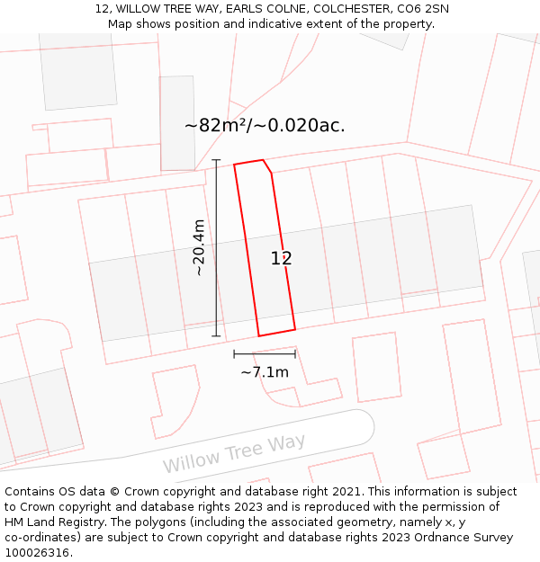 12, WILLOW TREE WAY, EARLS COLNE, COLCHESTER, CO6 2SN: Plot and title map