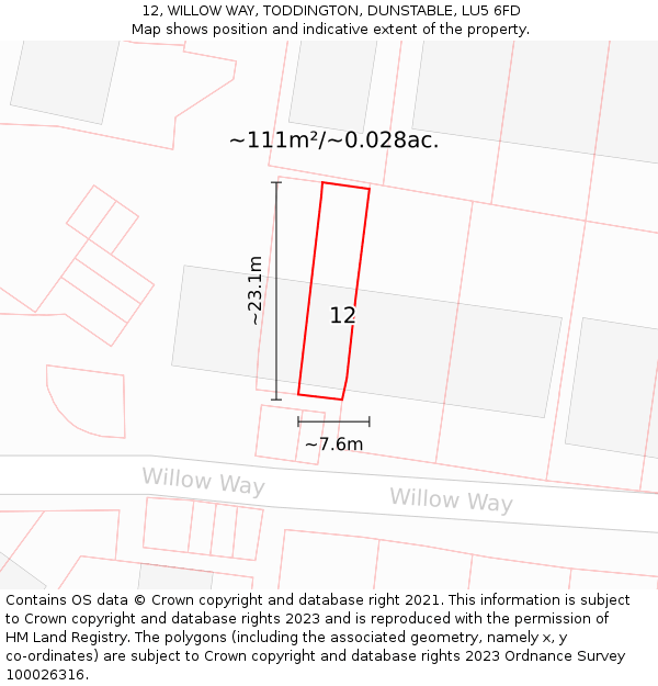 12, WILLOW WAY, TODDINGTON, DUNSTABLE, LU5 6FD: Plot and title map
