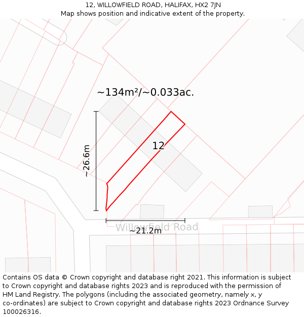 12, WILLOWFIELD ROAD, HALIFAX, HX2 7JN: Plot and title map
