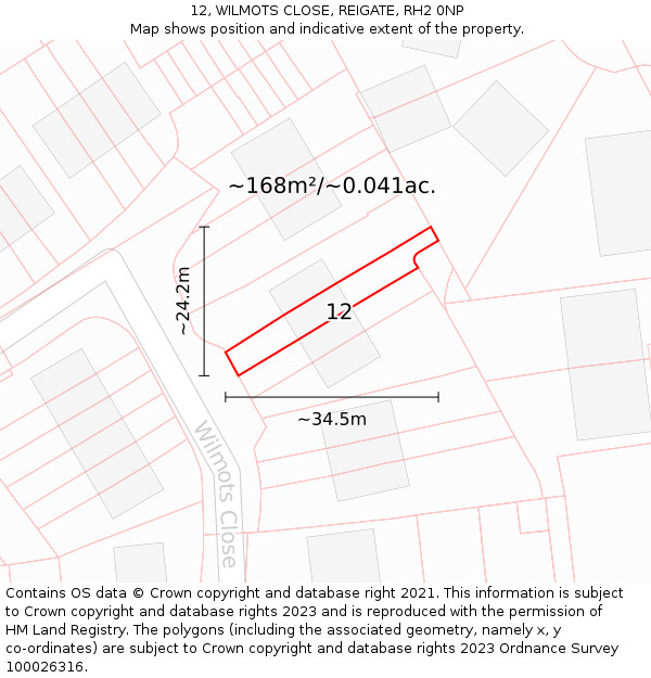 12, WILMOTS CLOSE, REIGATE, RH2 0NP: Plot and title map